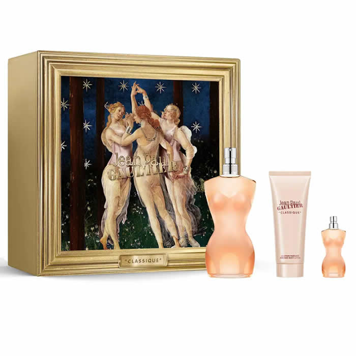 A-Stunning-Fragrance-for-a-Unique-Lady-This-3-Piece-Set-is-presented-in-a-box-that-features-symbols-of-timeless-beauty-the-three-graces-from-Botticelli-s-Primavera Jag Couture Beauty