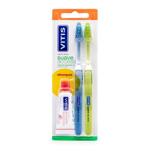 Vitis Suave Access 2 Brushes + Vitis Anticaries Toothpaste 15ml Set 3 Pieces - Jag Couture Beauty
